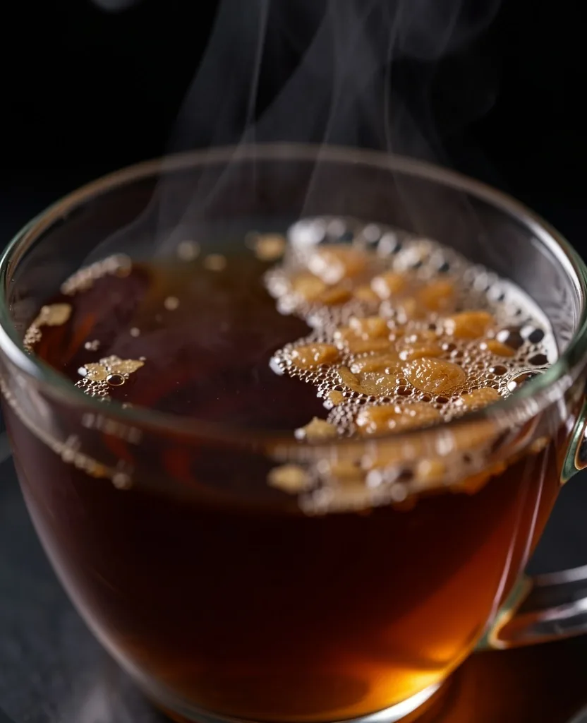A glass of dark steeped tea against a dark background