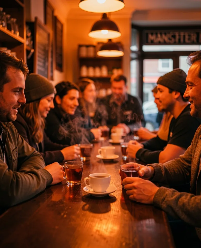 Community gathering in a Manchester tea shop