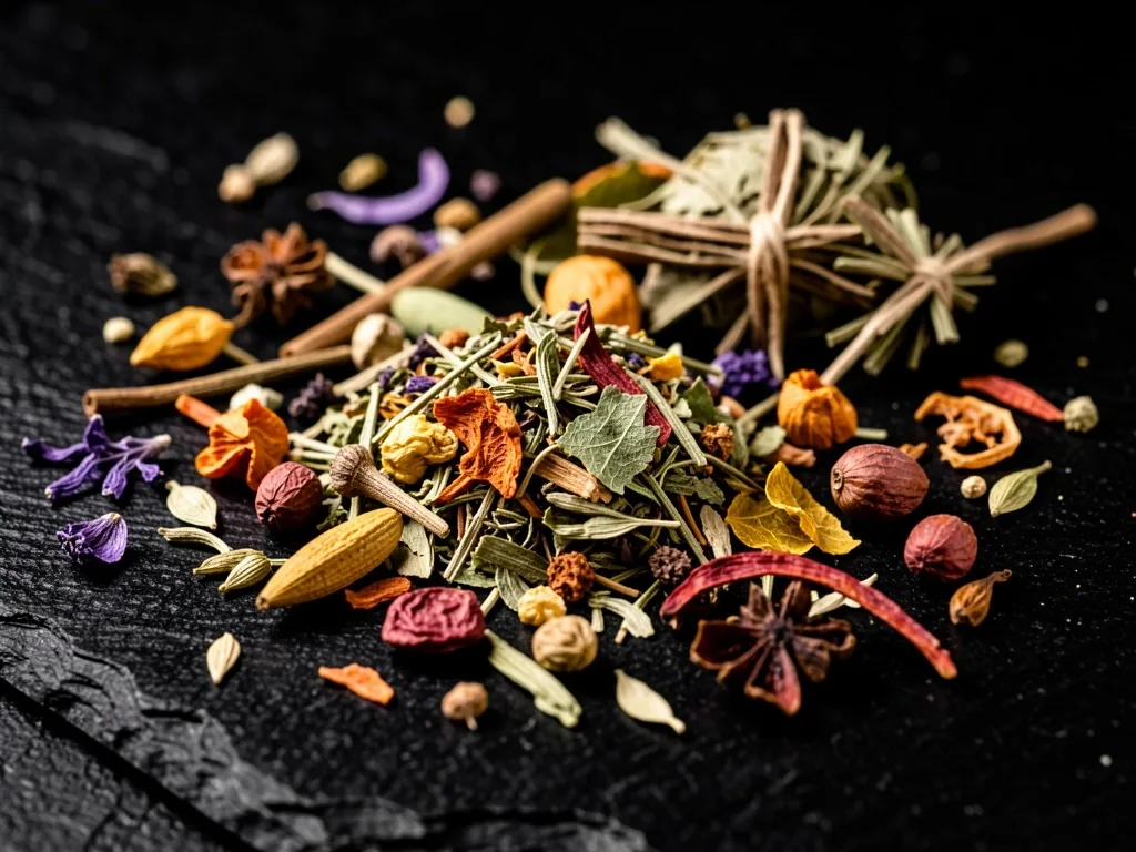 Dried botanical ingredients on dark slate
