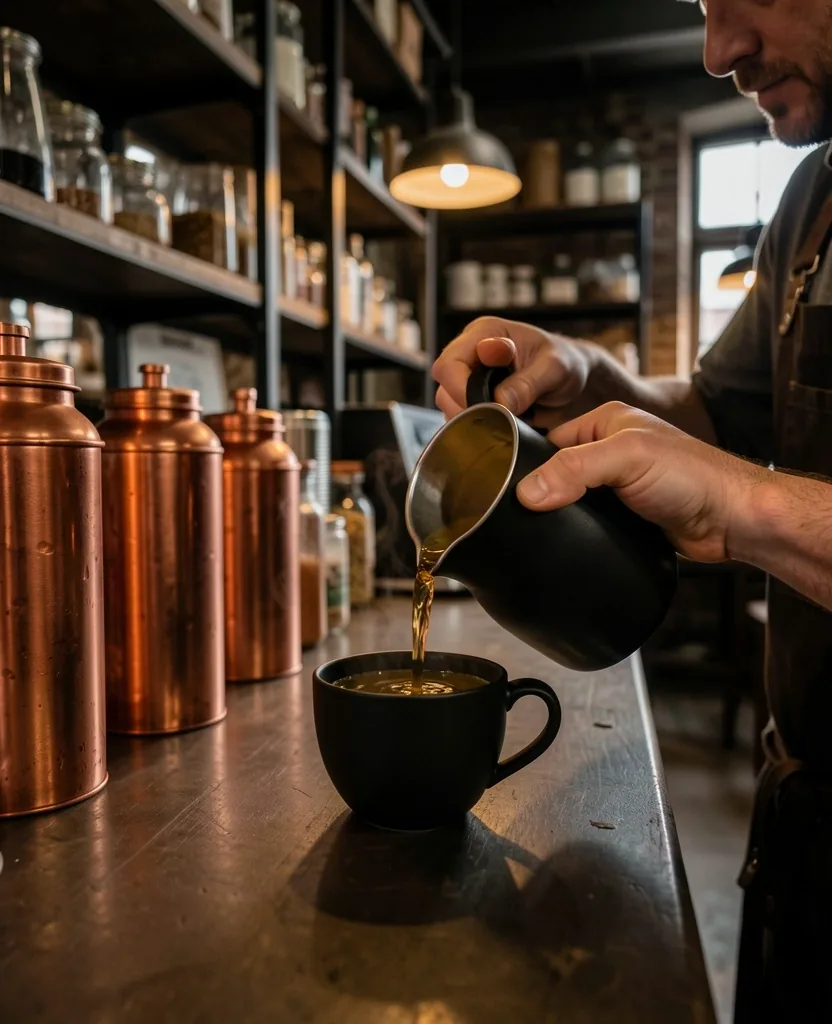 Tea preparation in a dark Manchester shop interior