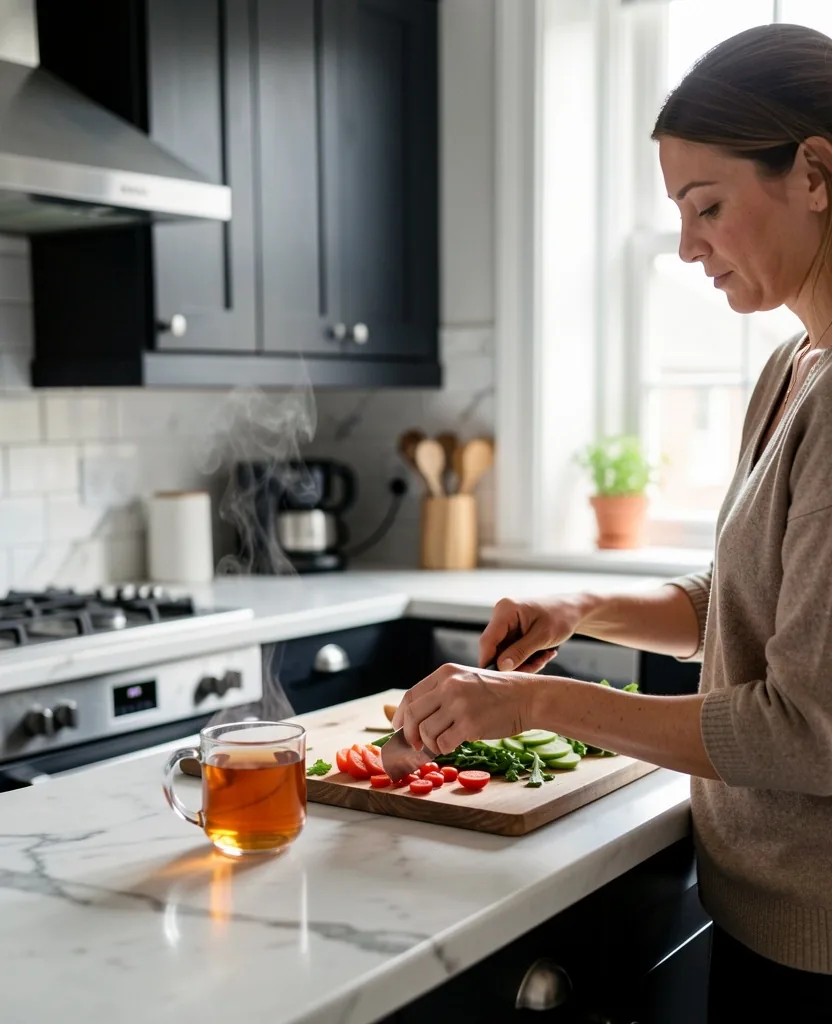 A person preparing a low-carb meal in a Manchester kitchen
