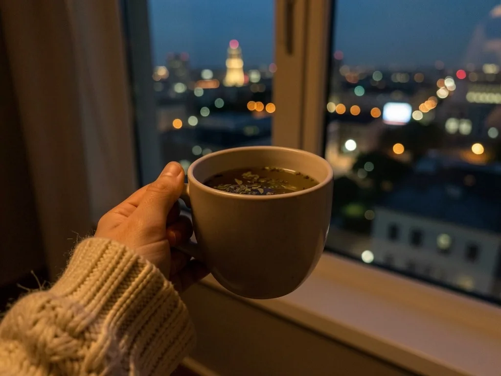 A cup of tea on a windowsill at evening