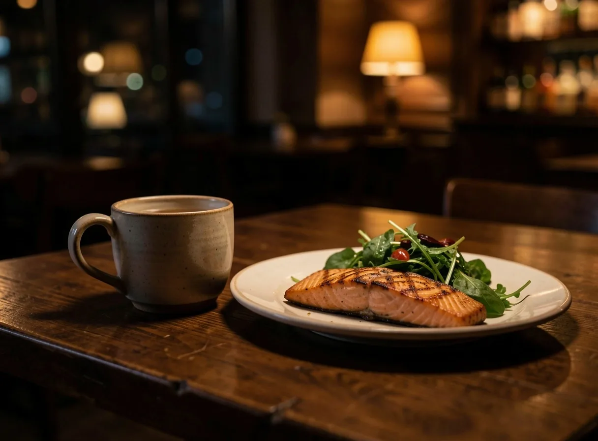 A restaurant table with tea and a low-carb meal in Manchester