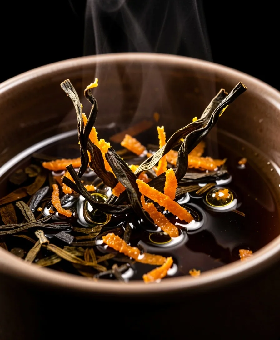 Macro view of tea leaves and orange zest steeping in dark liquid