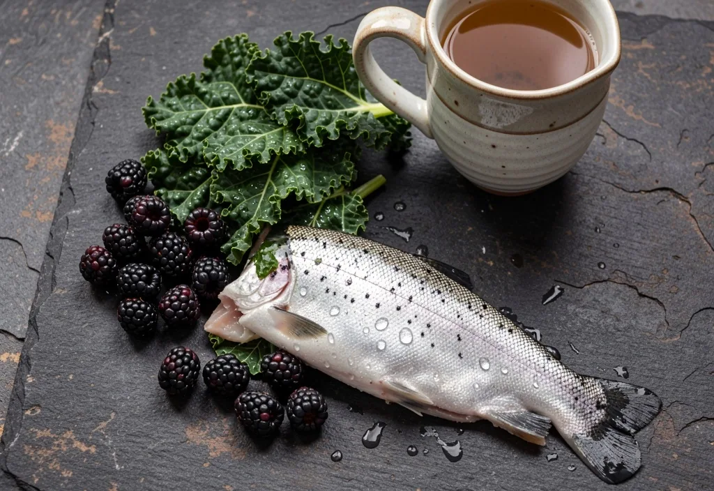 Seasonal British low-carb produce on a dark surface