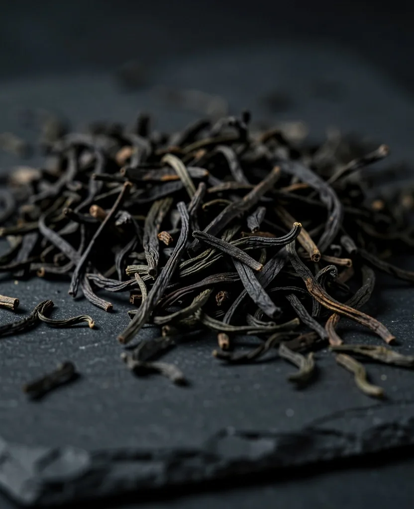 Black tea leaves on a dark surface