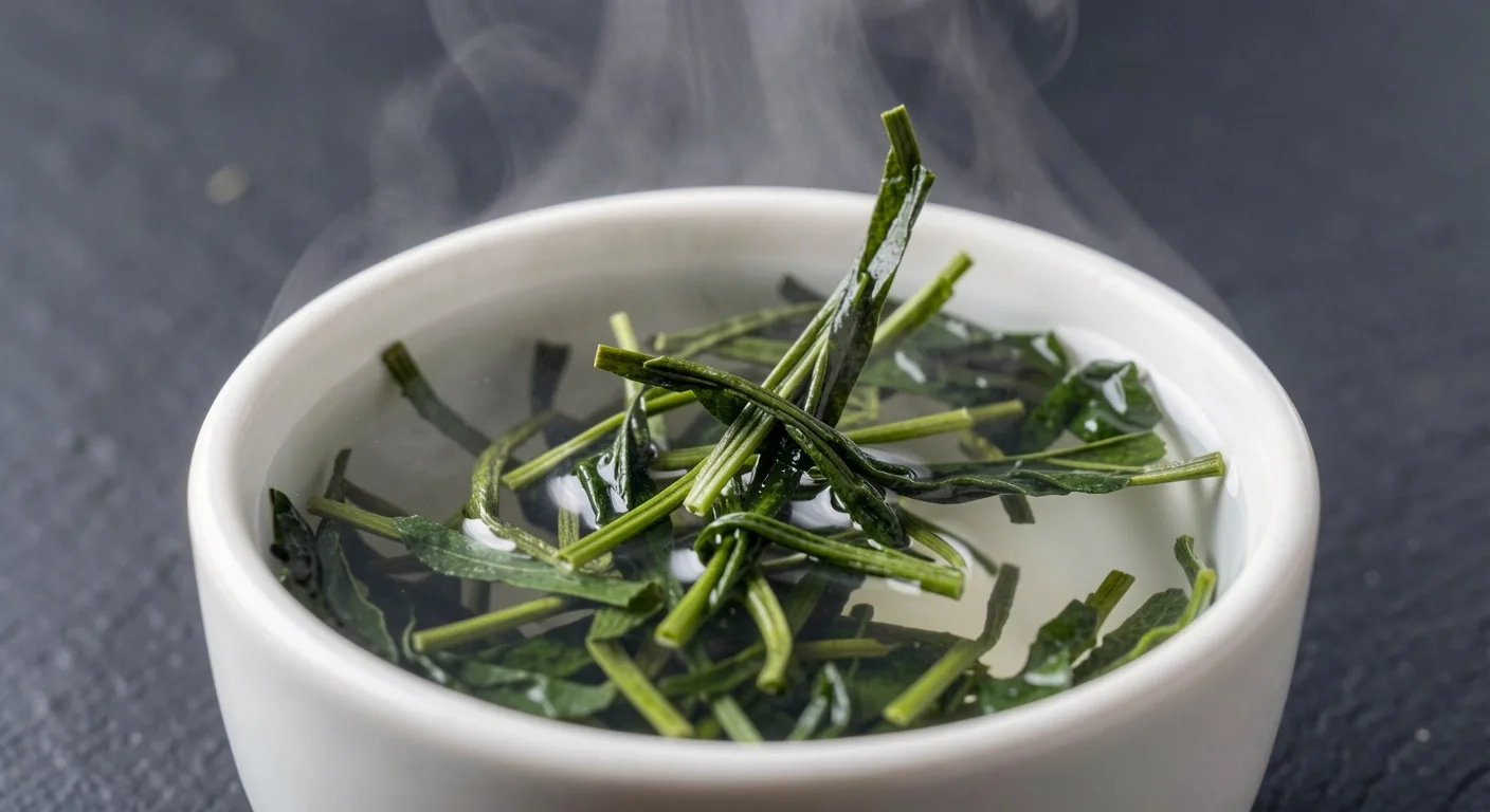 Green tea leaves unfurling in water