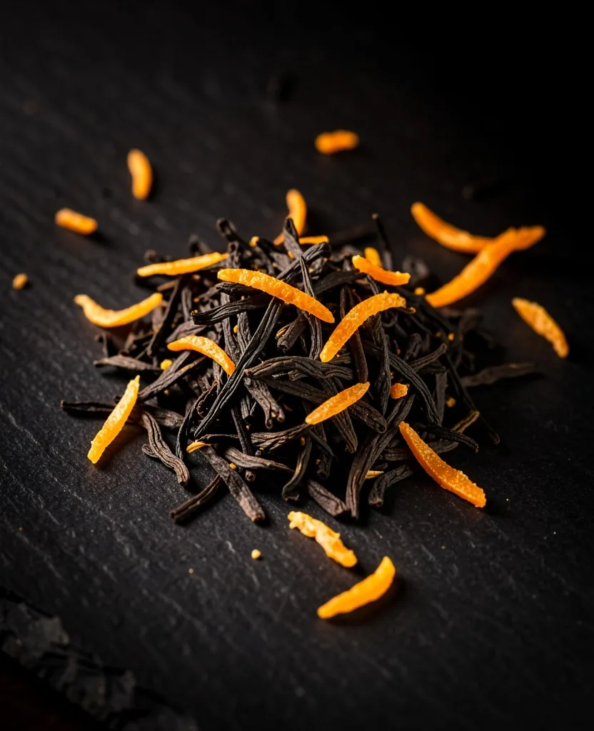 Dried tea leaves and orange citrus zest on a dark surface