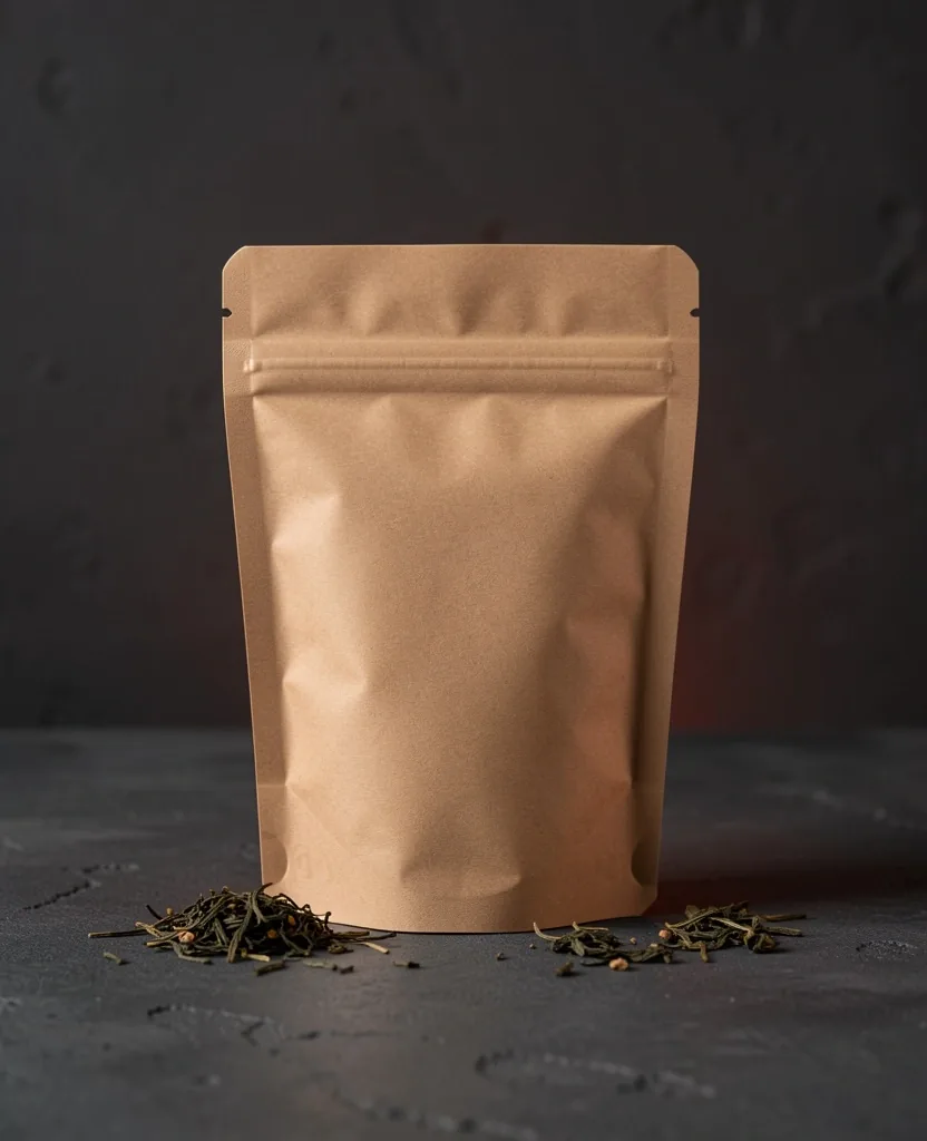 Eco-friendly tea packaging on a dark surface