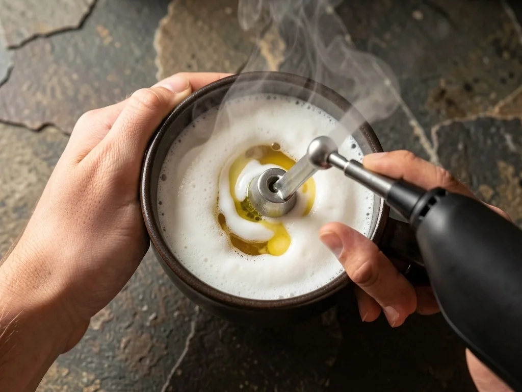 Handheld frother emulsifying MCT oil into tea