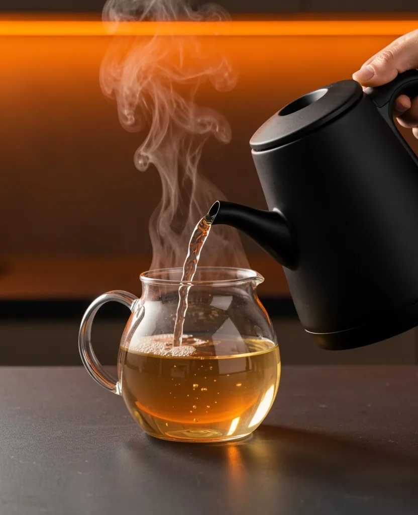 Kettle pouring hot water into glass teapot