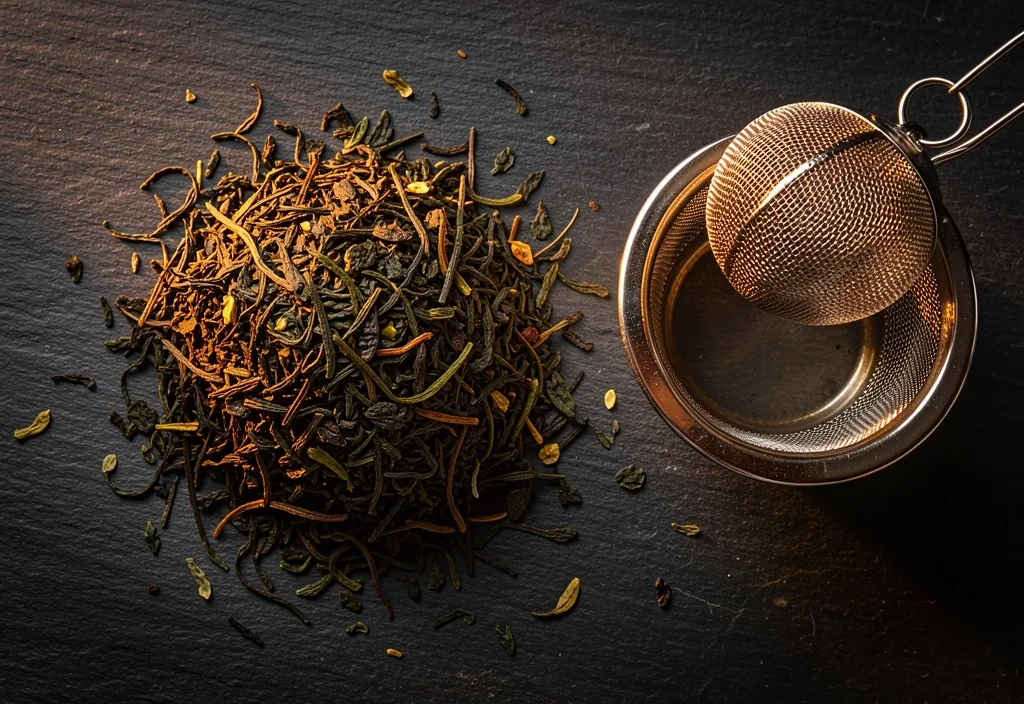 Loose-leaf tea leaves with stainless steel infuser on dark surface