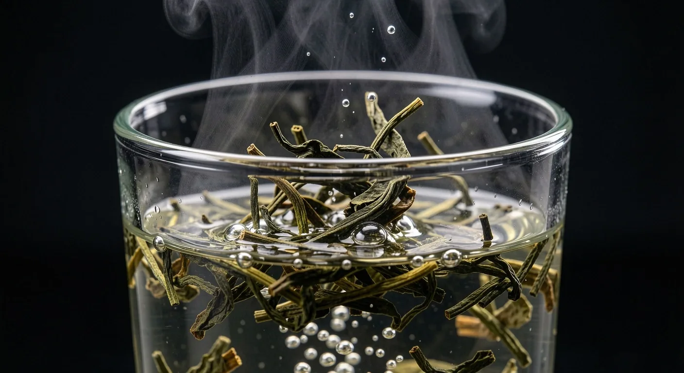 Tea leaves unfurling in hot water