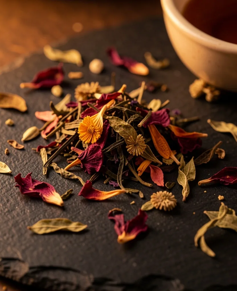Keto tea ingredients on a dark surface